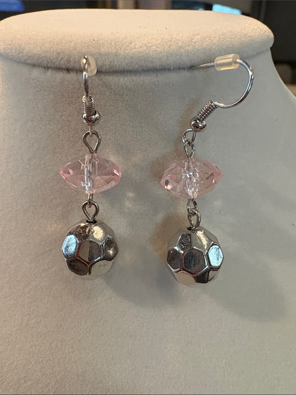 Eclipse Silver Drop Earrings with Pink Crystal Bead